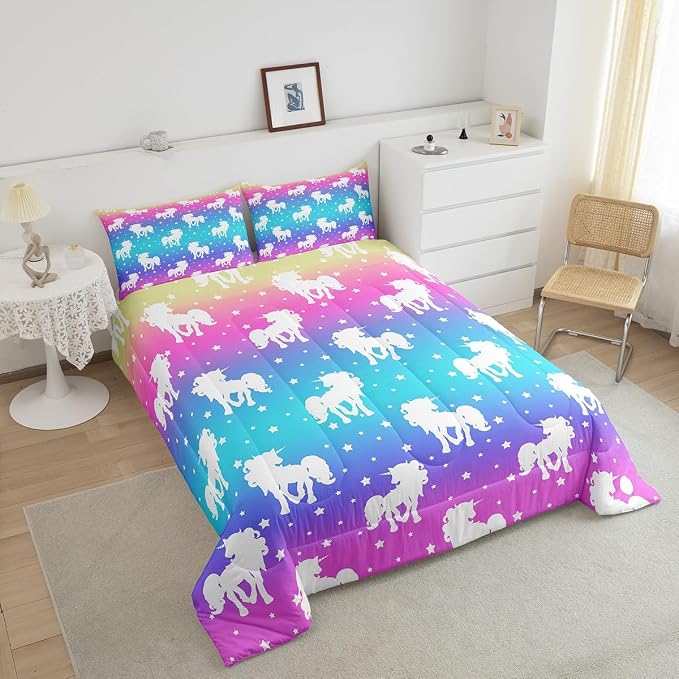 2 Piece Unicorn and Stars Bedding Set King Size,Tie Dye Pastel Comforter Sets Rainbow Printed Duvet Sets for Kids Girls Teens,Girly Sweet Colorful Down Comforter Bedroom Decor with 2 Pillow Cases - Image 3