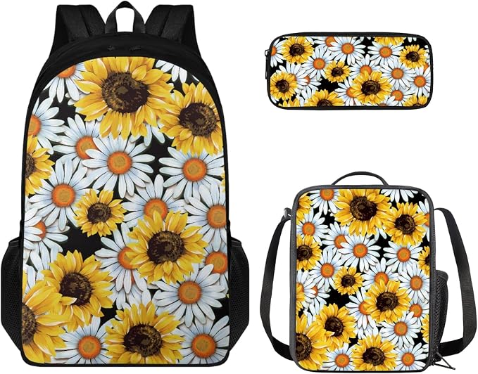 Coloranimal Sunflower Daisy Backapck Set Kids Boys School Bag with Cooler Warm Lunch Bag Pencil Case 3 in 1 Rucksack Daybag Hiking Travel Bag by Coloranimal
