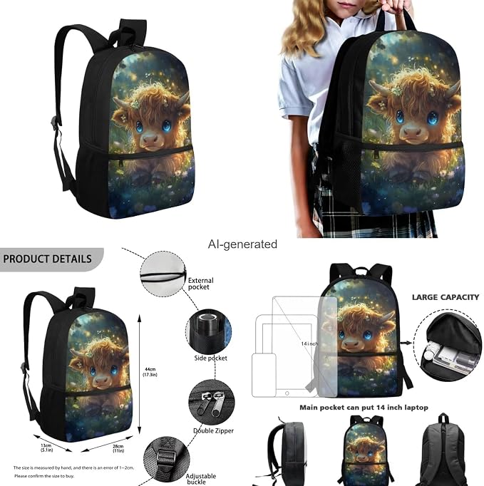 Cute Highland Cow Backpack for Girls Kids Backpack with Lunch Box Water Bottle Carrier and Soft Pencil Case 4PCS Set Cute Bookbag with Front Pocket 17" Large Capacity Elementary School Bag - Image 3
