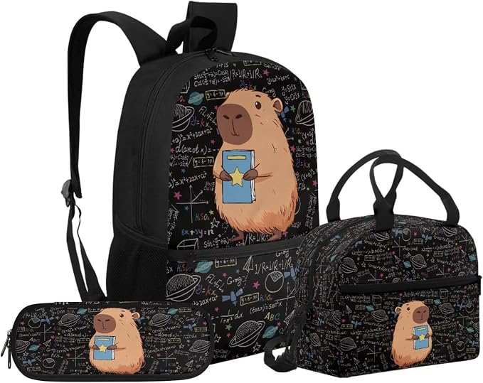 Black Capybara Print Kids Backpacks for Elementary School Bookbag Set with Lunch Bag and Pencil Pouch, Set 3 in 1 Back to School Supplies by Unknown