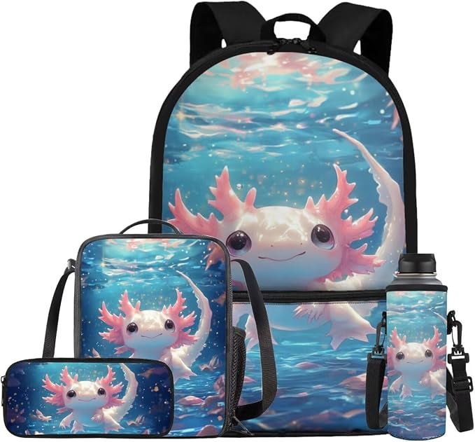 Cute Axolotl Backpack for Girls Kids Backpack with Lunch Box Water Bottle Carrier with Strap and Big Pencil Case 4PCS Set Bookbag with Front Pocket for School 17" Sturdy Elementary School Bag by ELEDIZI