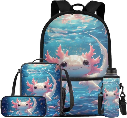 Cute Axolotl Backpack for Girls Kids Backpack with Lunch Box Water Bottle Carrier with Strap and Big Pencil Case 4PCS Set Bookbag with Front Pocket for School 17" Sturdy Elementary School Bag by ELEDIZI
