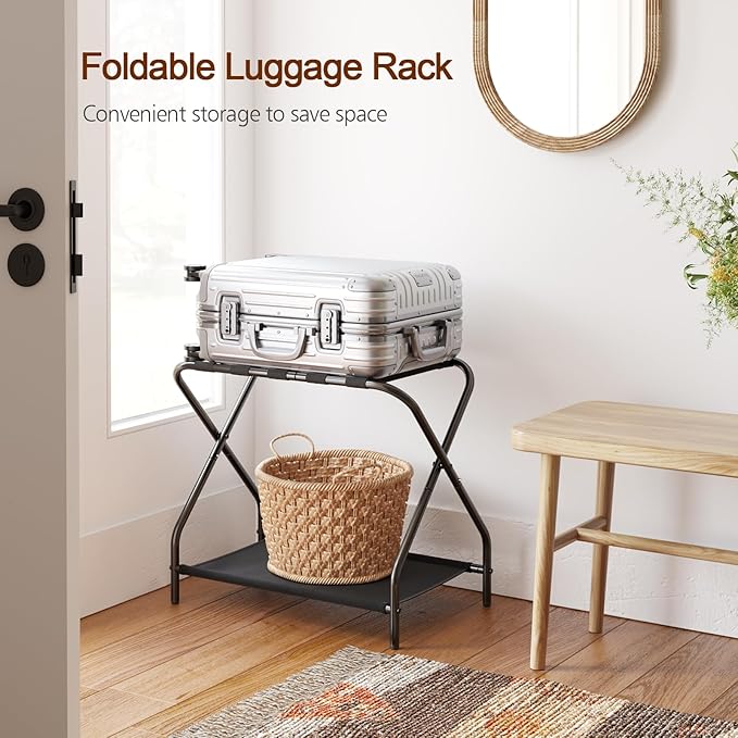 AMHANCIBLE Luggage Rack, Set of 2, Foldable Suitcase Stands for Guest Room, Metal Luggage Holder with Storage Shelf for Bedroom, Hotel, Easy Assemble, Black HLR02BK - Image 3