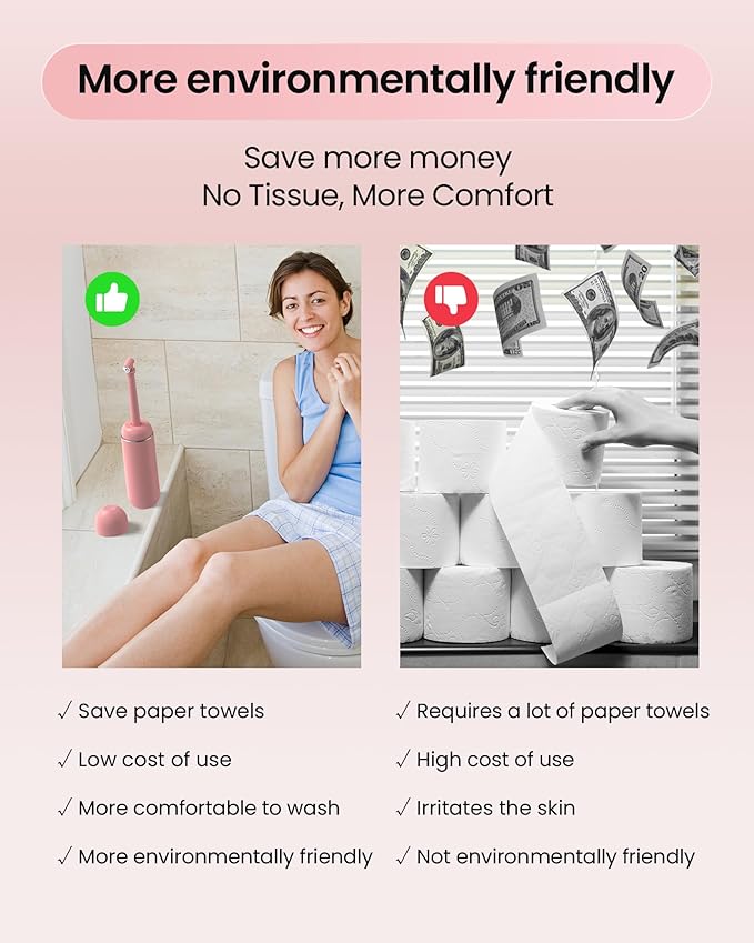 Portable Bidet for Travel & Camping - Manual Squeeze Handheld Peri Bottle for Feminine Hygiene, 3 Leak-Proof Seals, Extendable Sprayer with Rotating Nozzle for Men & Women (Upgrade Pink, General)