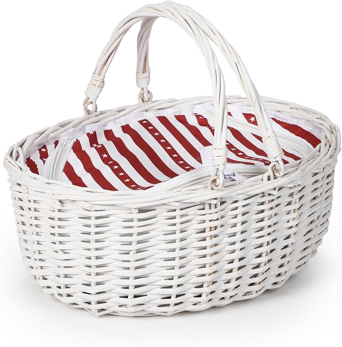 Wicker Picnic Basket with Insulated Lined Bag 15“ x 11” x 7“ Red, White Star Stripe Pattern, Iced Beer Insulated Bag for Camping, Picnics, Birthday Gifts, Wedding Gifts by YPshuye