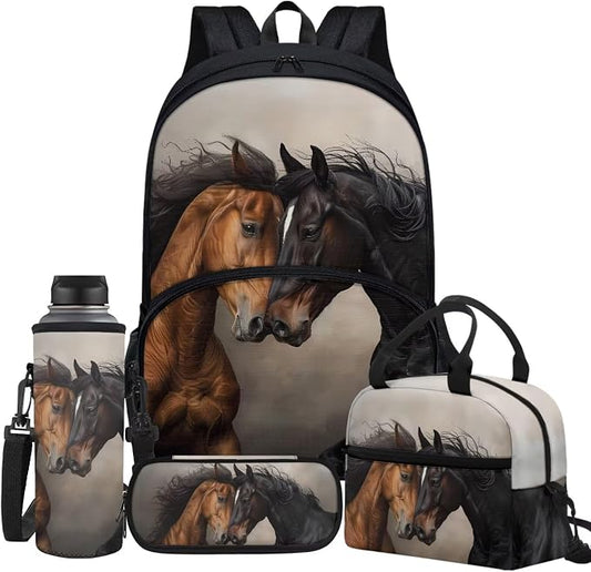 Kids School Bag Close Running Horses Print Backpack for Boys with Lunch Box Small Portable Pencil Pen Case Cooler Water Bottle Sleeve Cover Back to School Supplies by Glomenade