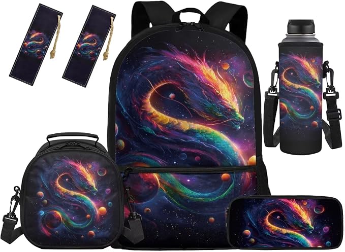 Dragon Backpack for Teens Matching Backpack and Lunch Bag Boys Galaxy 17 Inch School Bag Set 5 in 1 Children Elementary School Book Bag Fashion Lunch Bag by Unknown