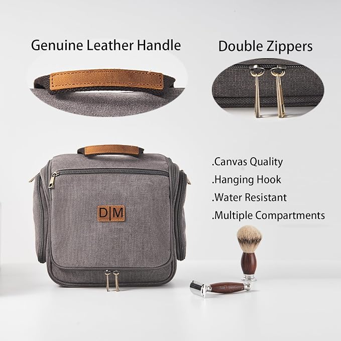 Canvas Toiletry Bag for Men Shaving Dopp Kit Bulk Travel Hanging Makeup Organizer with Sturdy Metal Hook Portable Cosmetic Bag for Women with Large Capacity Grey - Image 3