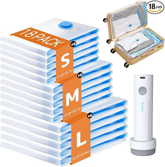 18 Pack Vacuum Bags for Travel with Rechargeable Air Pump, Carry-On Compression Bags for Luggage and Suitcase, Space Saver Storage for Clothing and Travel Organization by QIJIAYIHome