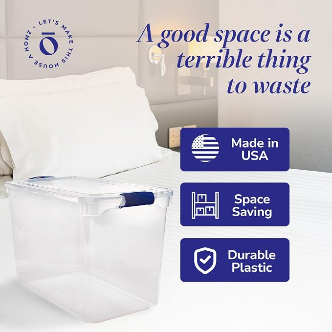 HOMZ 2-Pack Latching Lid, Clear Plastic Storage Organizer Bins, 112 Quart, Blue Latch - Stackable Organizing Containers for Home, Garage, and Office - Image 5