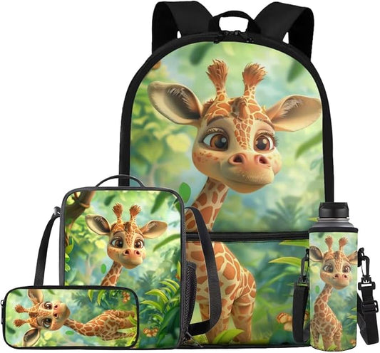 Giraffe Backpack for Girls Kids Backpack with Lunch Box Water Bottle Bag and Cute Pencil Case 4PCS Set Bookbag with Front Pocket for School 17 inch Lightweight School Bag for Elementary Girls by ELEDIZI
