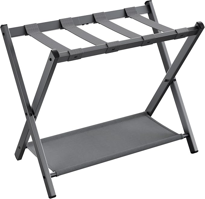 SONGMICS Luggage Rack, Foldable Suitcase Stand with Storage Shelf | Steel Frame, for Guest Room, Hotel, Bedroom, Slate Gray, URLR003G01 by Unknown