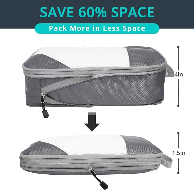 NICOSHOW 6 Set Compression Packing Cubes for Travel - Compressible, Lightweight, and Space-Saving Packing Cubes, Travel Essentials for Women, Grey - Image 2