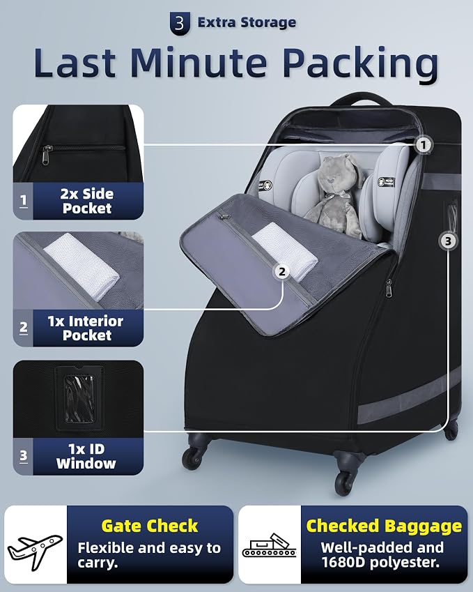 Car Seat Bag Backpack with Wheels for Air Travel Extra Large Padded Carseat Cover Carrier for Airplane Gate Check Bag - Image 4