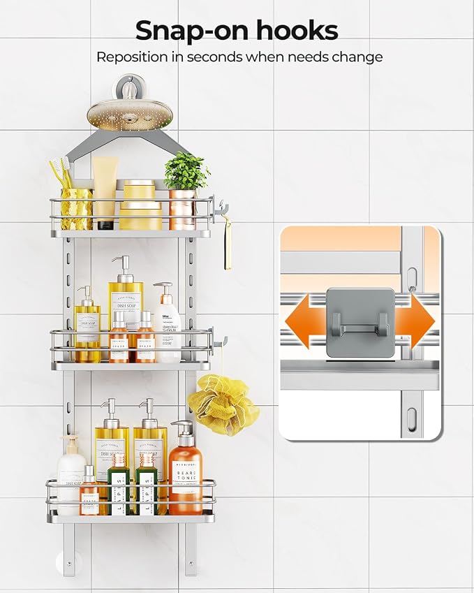ODesign 3 Tier Adjustable Shower Organizer Hanging Over Head Silver | Shower organizer hanging,no drilling required,comes with removable hook and storage box, suitable for indoor showers - Image 8
