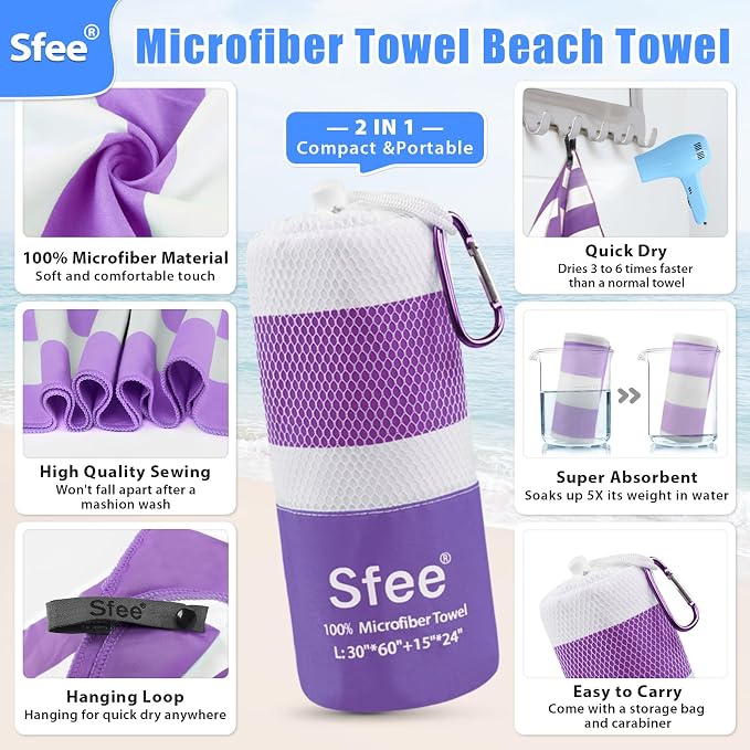 Sfee 2 in 1 Microfiber Travel Towel, Quick Dry Towel Camping Towel Beach Towel Super Absorbent Compact Lightweight Sports Gym Towel Set for Gym, Hiking, Pool, Bath, Yoga (Small: 32''x16'') - Image 3