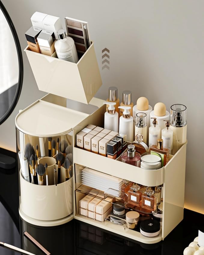 Makeup Organizer with Rotating Brush Holder Cosmetic Organizer with Drawers Countertop Skincare Organizer for Vanity,Cosmetic Display Case Storage (Cream, Large) - Image 5
