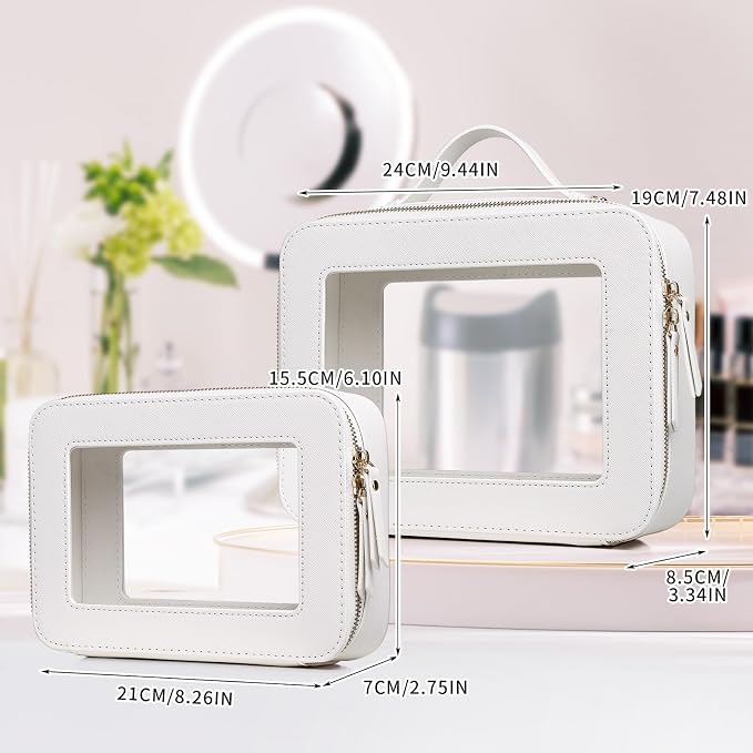 Pinkmik Clear Makeup Bag for Women Waterproof Travel Cosmetics and Toiletries Case Portable Makeup Oaganizer Bag Clear Car Bag with Zipper (White, M+L) - Image 4