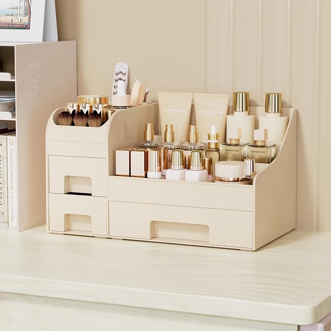 Makeup Organizer with Drawers,Large Cosmetic Storage Box,Countertop Skincare Organizer,ABS Makeup Brush Holder for Bathroom,Desk,Dresser,Multifunctional Beauty Display Case,Cream - Image 3