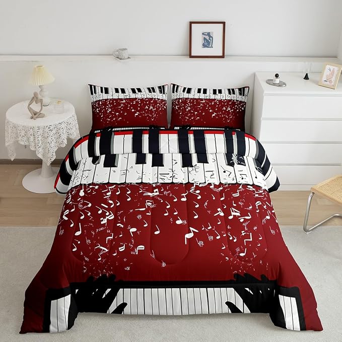 Erosebridal Music Notes Comforter Set for Kids Boys Teens Men Piano Keys Down Comforter King Size Rock Musical Bedding Set Play Piano Duvet Sets Music Bedroom Decor with 2 Pillow Cases Red Black - Image 2