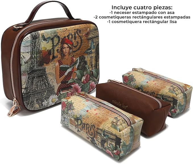 Nicole Lee Travel Handbag Crossbody Set with 3 Fashion Print Makeup Pouches, Women's Cosmetic Toiletry Organizer (Paris Fashion Week) - Image 2