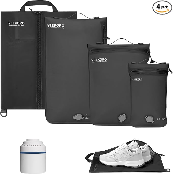 4 Set Vacuum Bags for Travel, Professional Reusable Organizer Bag with IPX8 Waterproof Zipper, Compression Bag for Suitcases, Durable Seal Space Saver Bags (Black,with pump) by YEEKORO