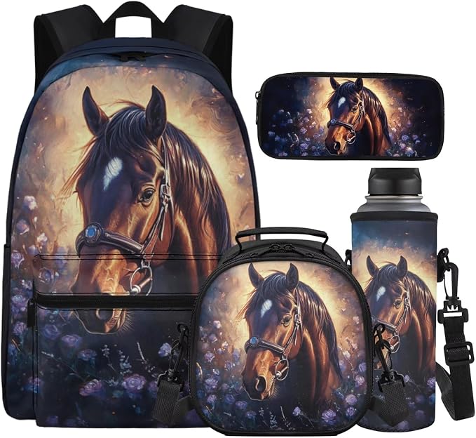 Kids Backpack and Lunch Box Set, Horse Backpack for Middle School Girls, Cute Backpacks for Teen Girls, 17 Inch Elementary School Bookbag Ages 6-8 8-10 Large Book Bag Set for Teens by Unknown