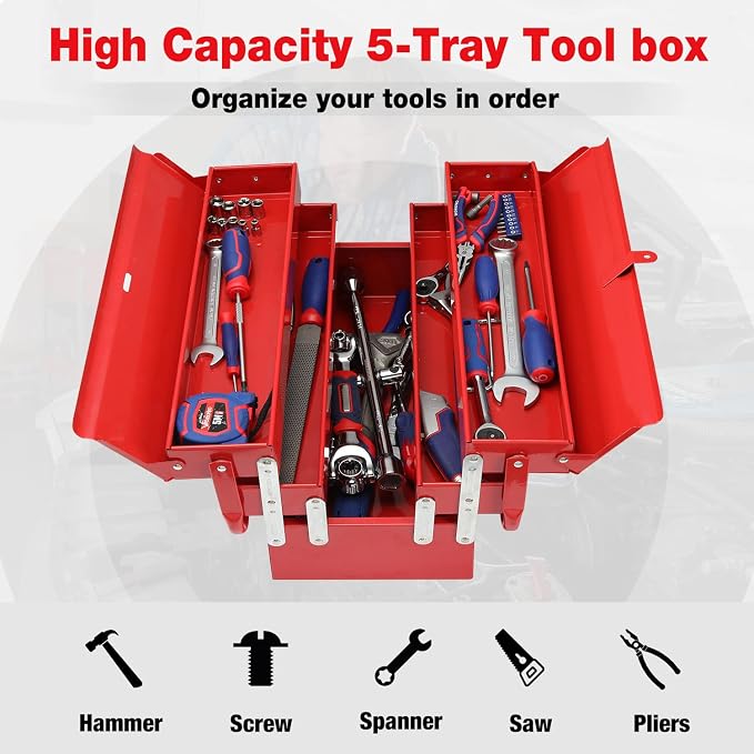 WORKPRO Metal Tool Box, 18-inch Cantilever Folding Red Storage Box, 3-Layer 5-Tray Multi-Function Tool Organizer, Red - Image 6
