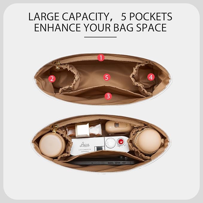 Dupont Paper Purse Organizer Insert for Coach Brooklyn 28 Shoulder Bag, Lightweight Waterproof Brooklyn 28 Bag Insert with 2 Elastic Bottle Holders, 5 Compartments, YKK Zipper, White&Maple - Image 4