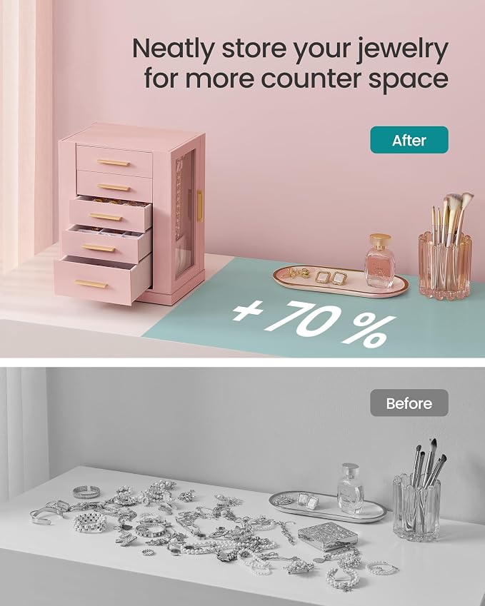 SONGMICS GISELLA Collection - Jewelry Box Organizer 360° Rotating, Vertical Jewelry Storage Case with 5 Drawers, Glass Window, Spacious, Open Design, Great Gift, Pink UJBC170R01 - Image 6