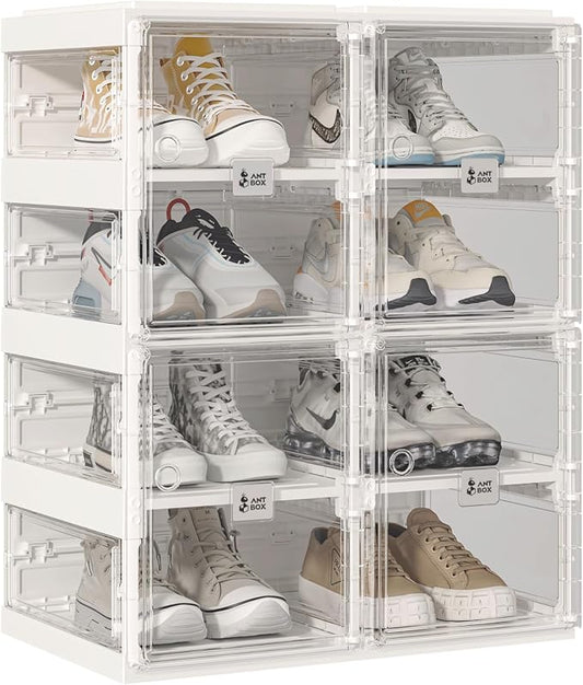 ANTBOX Foldable Shoe Rack,Shoe Organizers for Closet Plastic Shoe Storage Box Space Saving For Entryway, Large Sturdy Stackable Sneaker Cabinet Bins With Magnetic Clear Door 4 Tiers 8 Pairs by ANTBOX