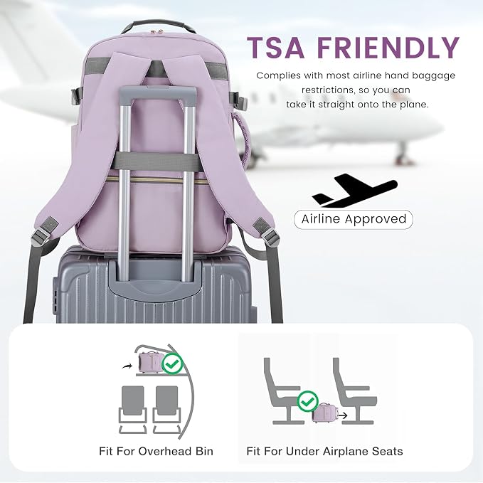LOVEVOOK 40L Large Travel Backpack for Women Men, 17 Inch Carry on Backpack for Traveling on Airplane, Personal Item Travel Bag Airline Approved, Business Causal Weekender Backpack, Light Purple-Grey - Image 4