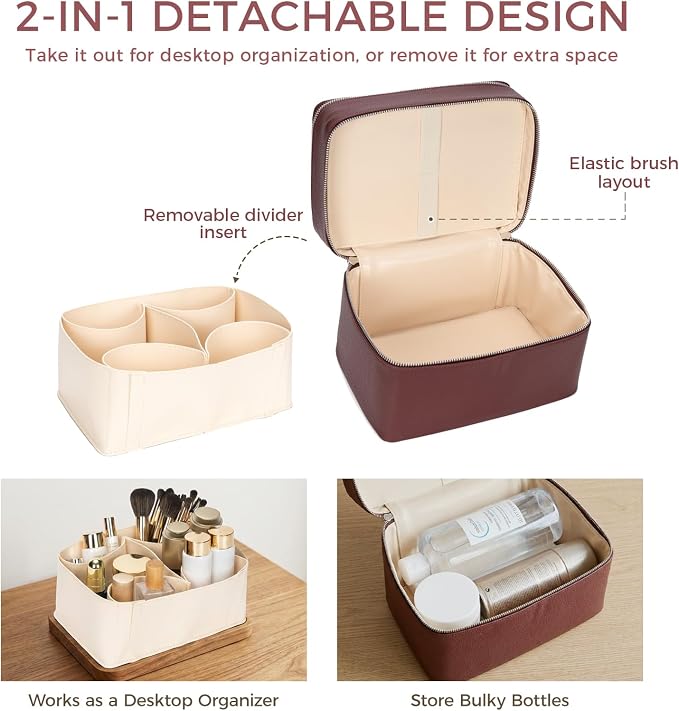 BAGOK Double Layer Makeup Vanity Case, Large Capacity Cosmetic Bag with Removable Divider & Brush Organizer, Travel Toiletry Bag for Women, Portable PU Leather Organizer with Handle - Image 3