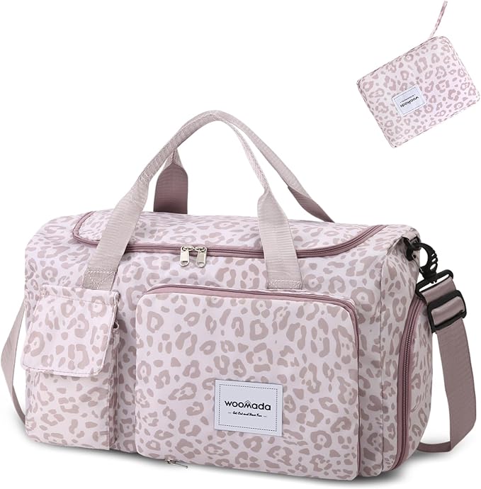 WOOMADA Foldable Travel Duffel Bag with Shoes Compartment, Overnight Bag with Wet Pocket & Trolley Sleeve, Weekender Bags for Women(A-pink leopard) by WOOMADA