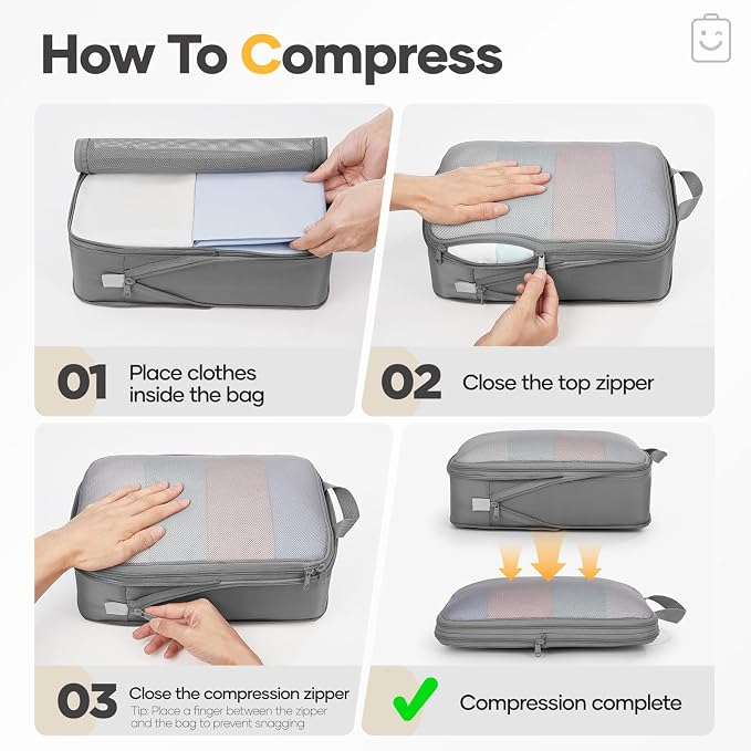 Veken 9/11 Set Compression Packing Cubes for Travel Essentials,Compressible Expandable Luggage Suitcase Organizer Bags with Garment Bag,Space Saver Bags with Over 1000 pcs of Mesh Holes(Gray) - Image 3