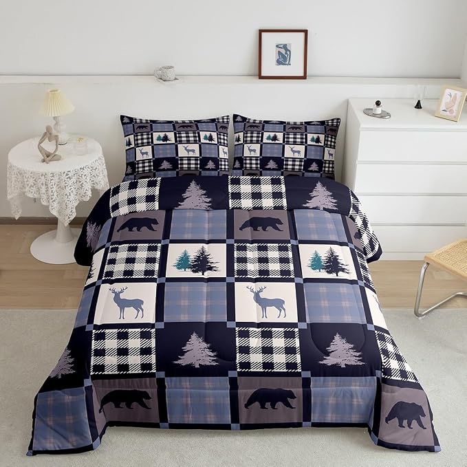 Hunting Animal Comforter Set for Youth,Rustic Bear Deer Patchwork Bedding Set Lodge Decor,Vintage Farmhouse Wildlife Down Comforter Twin,Geometric Grid Check Quilted Comforter with 1 Pillowcase - Image 2