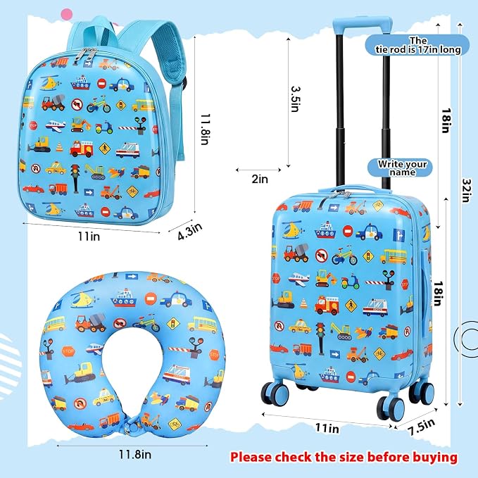 Sanwuta 4 Pcs Kids Luggage Set Back to School Gifts for Girls Boys Carry On Rolling Suitcase Backpack Neck Pillow Travel Set(18 Inch,Car Style,Blue) - Image 2