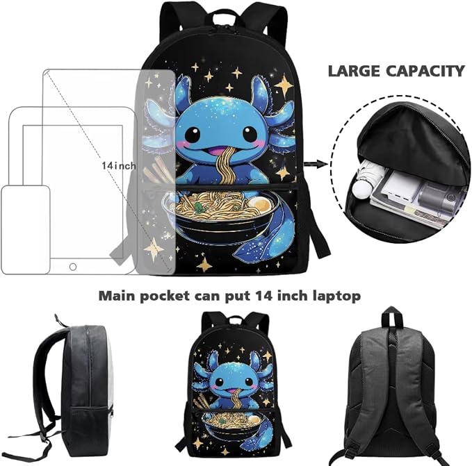 Blue Axolotl Backpack with Lunch Box Kids Girls 6-8/5-7 Ramen Bookbag for 1st Grade Lunch Bag Pencil Case 3 in 1 Set Anime Back Pack Toddler Teen Elementary School Book Bags Preschool - Image 4