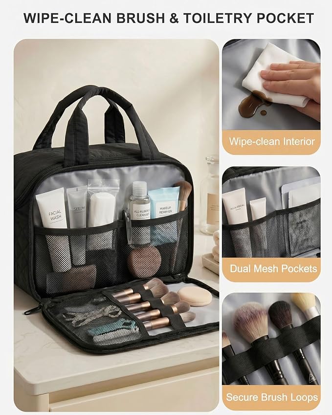 VPBAGE Large Quilted Toiletry Bag for Women, Puffy Travel Makeup Organizer with Removable Divider & Shoulder Strap, Waterproof Standing Cosmetic Case for Full-Size Toiletries, Gym, Vacation - Image 3