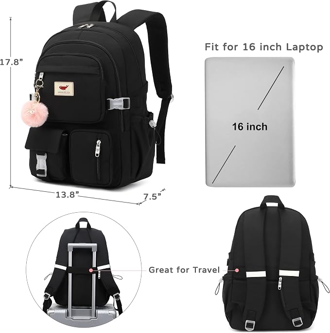 Laptop Backpack 15.6 Inch Elementary Middle High School Bag College Backpacks with Lunch Box Pencil Pouch 3 PCS Set Travel Bookbags for Teens Girls Women Students (Black) - Image 5