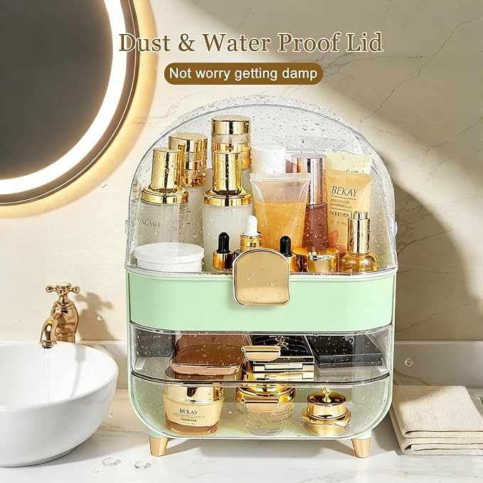 Makeup Organizer with Drawers-Cosmetic Display Case for Vanity|Skincare Organizer with 360 Rotating Brush Holder,Large Storage Box Dresser,Women Gifts Display Cases for Bathroom Countertop,Green - Image 5