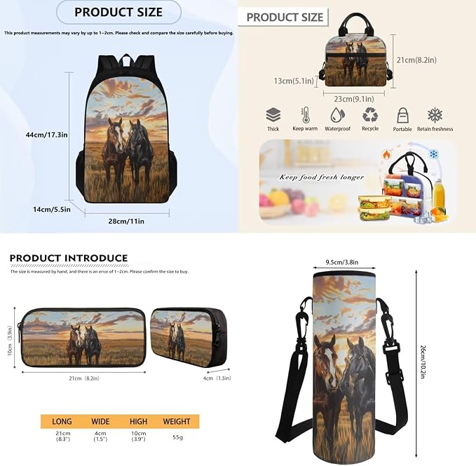 Horse Print Kids Backpack Set with Leakproof Lunch Box Cooler Pencil Bag Water Bottle Sleeve Set for Girls Boys, 4 Pcs Schoolbag for Kindergarten Primary Middle Daybag - Image 7