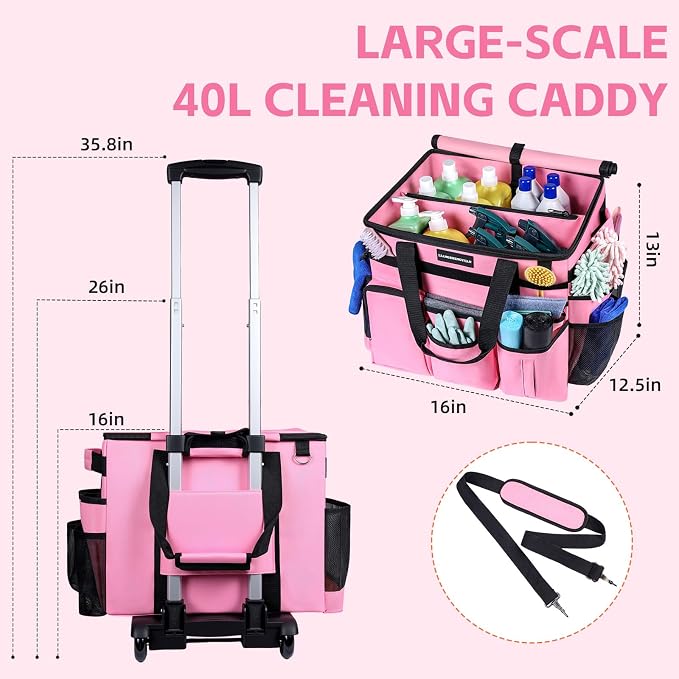Extra Large Rolling Cleaning Caddy Bag with Wheels, Cleaning Baskets Bags with Detachable Trolley For Housekeepers , Water Resistant Cleaner Supplies Organizer with Wheels for Kitchen, Car - Image 6