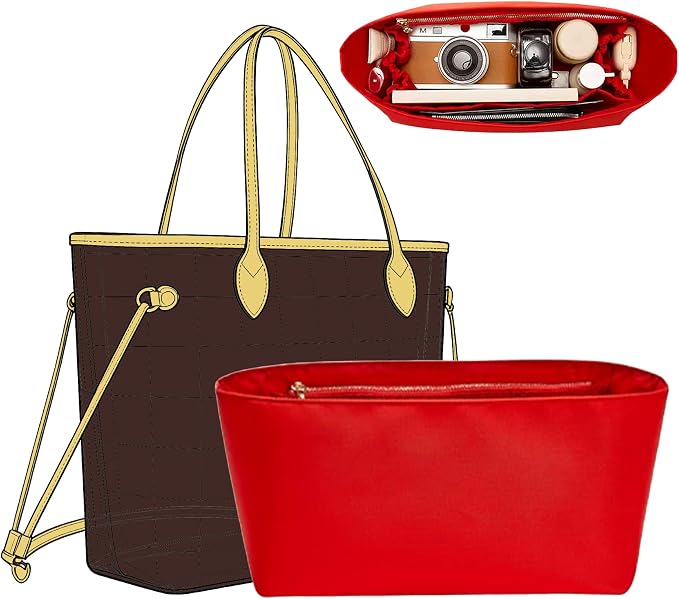 Soft Nylon Purse Organizer Insert for Lv Neverfull MM Tote Bag, Waterproof Lightweight Luxury Neverfull MM Organizer Red, Handbags Divider Inner Shaper with Cup Holder & Zipper Pocket by OAIKOR