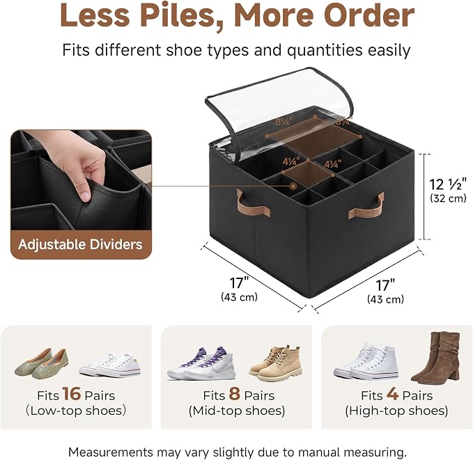 StorageWorks Shoe Organizer for Closet, Foldable Shoe Storage Box with Adjustable Dividers, Closet Shoe Organizer for Sneakers, Heels, Flats, Shoe Storage Bin Holds Up to 16-32 Pairs, Black - Image 3