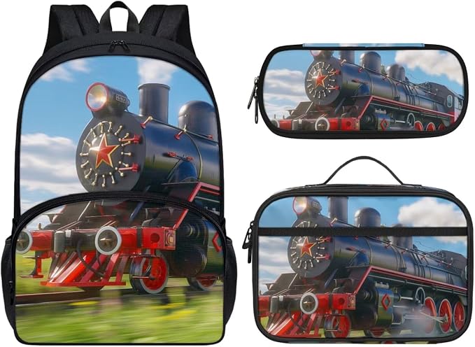 Train Backpack for Boys 6-8 3-5 4-6 with Lunch Box and Pencil Case Kindergarten Elementary School Backpack 3 Piece Kids School Book Bag Set Large Capacity Travel Camping Rucksack by Dremagia