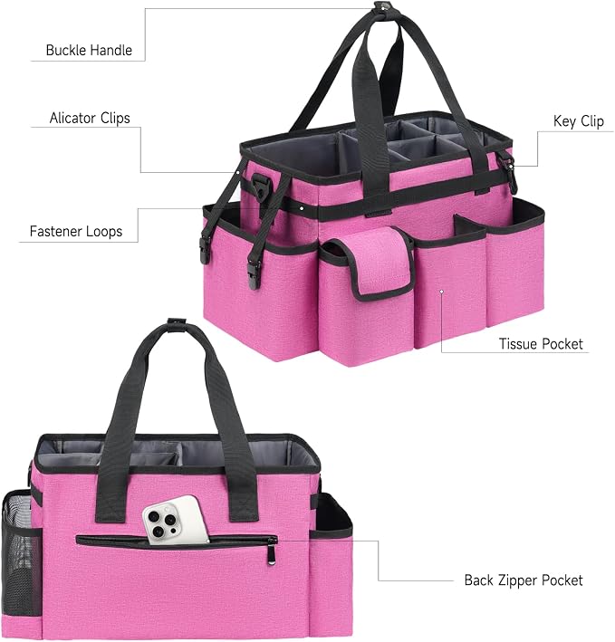 Cleaning Caddy,Cleaning Bag for Housekeepers,Cleaning Supplies Organizer with Handle,Rose Red - Image 3