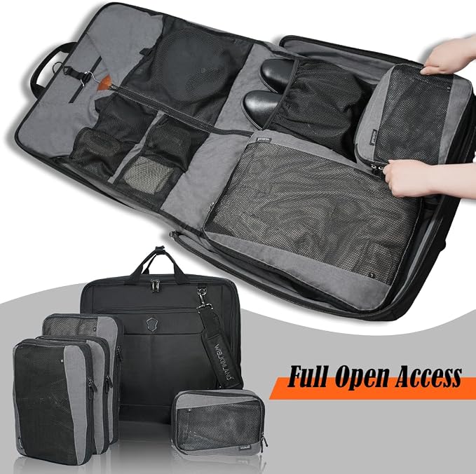 WELKINLAND 3-Suits Garment Bags for Travel W/ 4-Pack Compression Packing Cubes, 30L-Large Carry On Garment Bag for Travel, 15-Pockets Suit Holder Travel Bag, Wrinkle-Free Suit Garment Bag for Men - Image 4