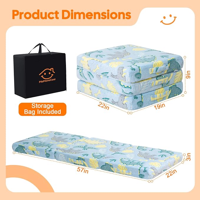 MeMoreCool Glow Dinosaur Kids Foldable Floor Mattress, 57x22 Inch Blue | Glow dinosaur trifold mattress for kids room, playroom, camping and travel - Image 3