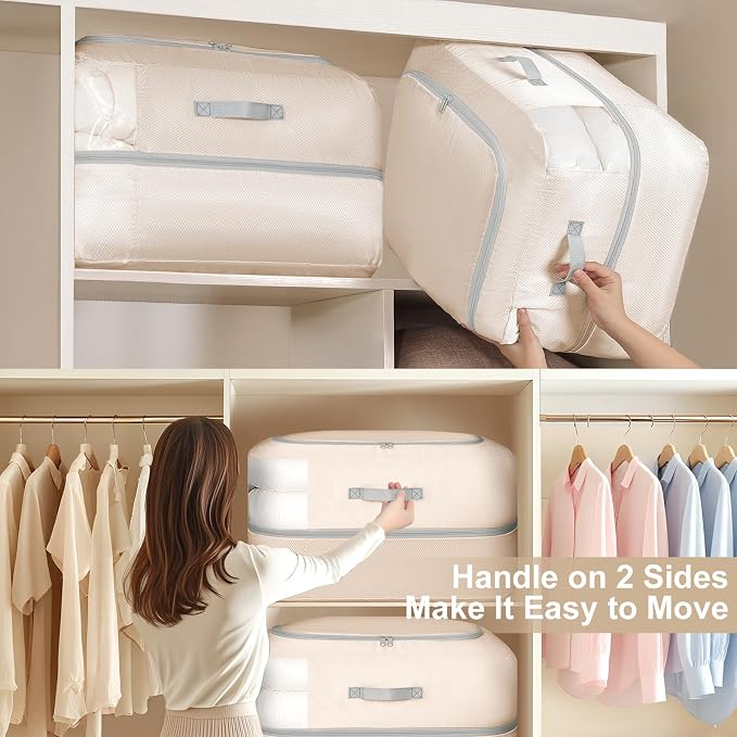 Comforter Storage Bag - 110L Large Capacity Blanket Storage Bags 2-Layer Ultra Space Saving Self Compression Organizer, Washable Compression Bags for Storage Comforter Blanket, 4-Pack, Beige - Image 5